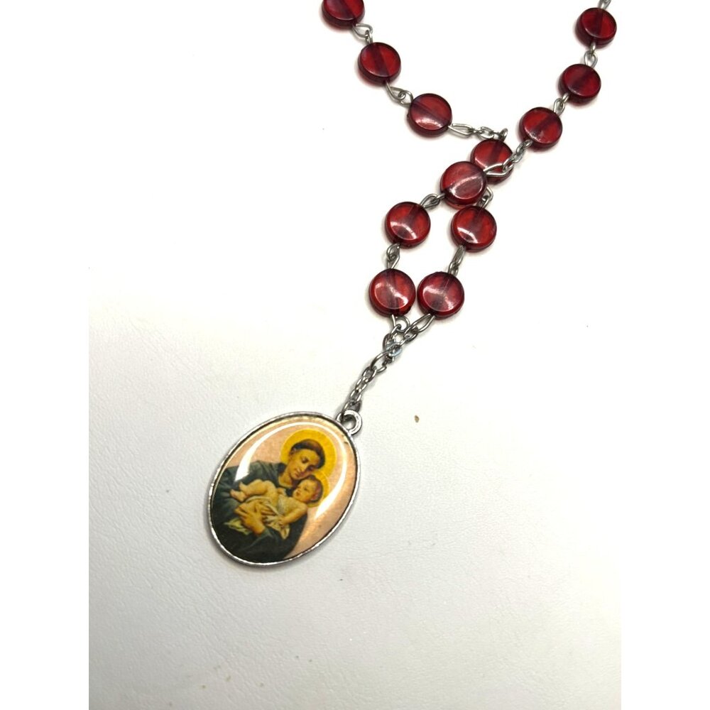 Vintage Catholic Rosary Necklace With Red Glass Beads & Virgin Mary Pendant